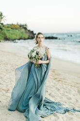 Vestidos de novia rústicos de gasa, vestido de novia playero con cola de corte WD475